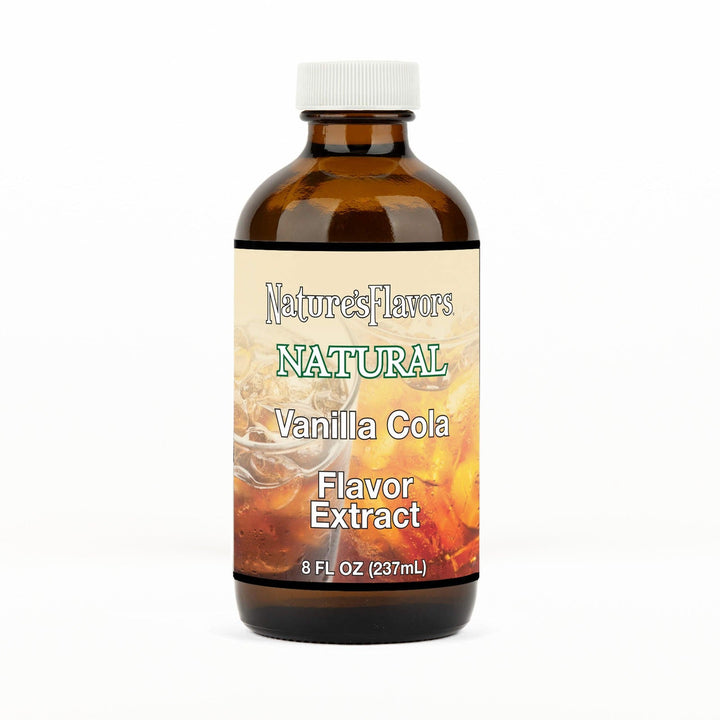 An 8 fl oz amber glass bottle of Nature's Flavors Vanilla Cola Flavor Extract, Natural with a white cap, centered on a white background.