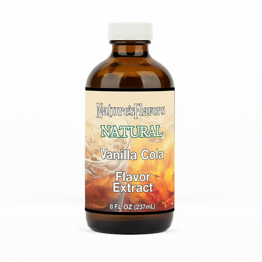 An 8 fl oz amber glass bottle of Nature's Flavors Vanilla Cola Flavor Extract, Natural with a white cap, centered on a white background.