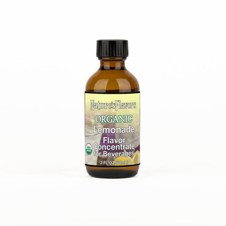 A 2 fl oz amber glass bottle of Nature's Flavors Lemonade Flavor Concentrate for Beverages, Organic with a black cap, centered on a white background.