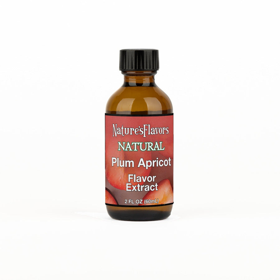 A 2 fl oz amber glass bottle of Nature's Flavors Plum Apricot Flavor Extract, Natural with a black cap, centered on a white background.