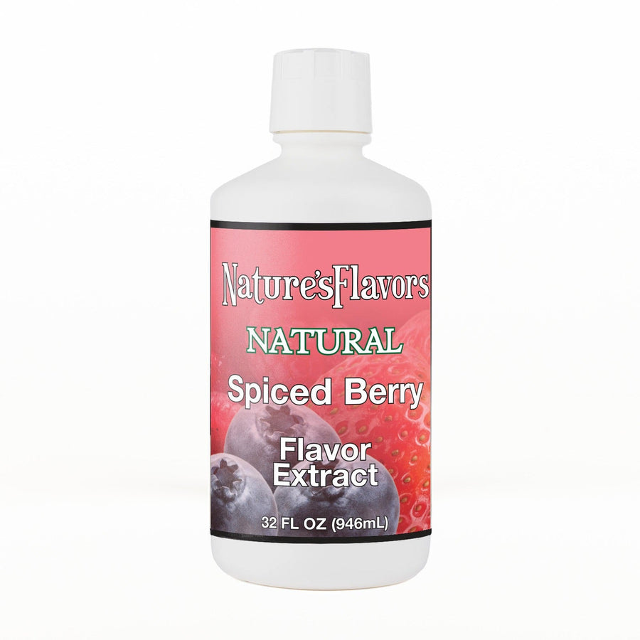 A 32 fl oz white plastic bottle of Nature's Flavors Spiced Berry Flavor Extract, Natural with a white cap, centered on a white background.