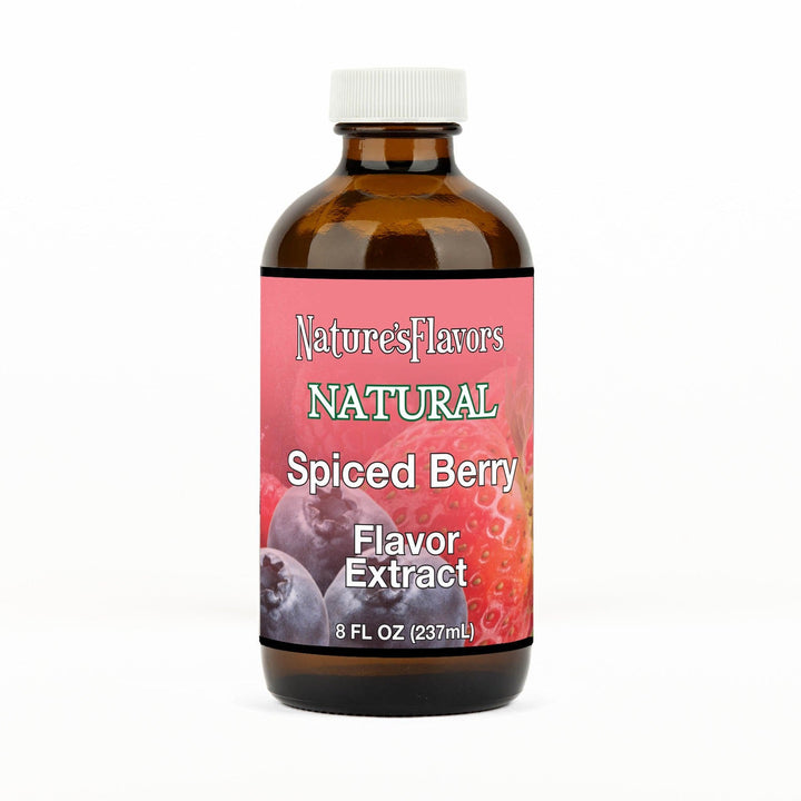 An 8 fl oz amber glass bottle of Nature's Flavors Spiced Berry Flavor Extract, Natural with a white cap, centered on a white background.