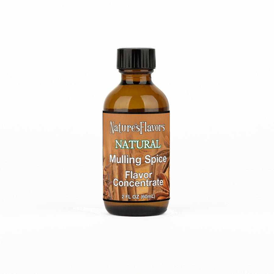 A 2 fl oz amber glass bottle of Nature's Flavors Mulling Spice Flavor Concentrate, Natural with a black cap, centered on a white background.