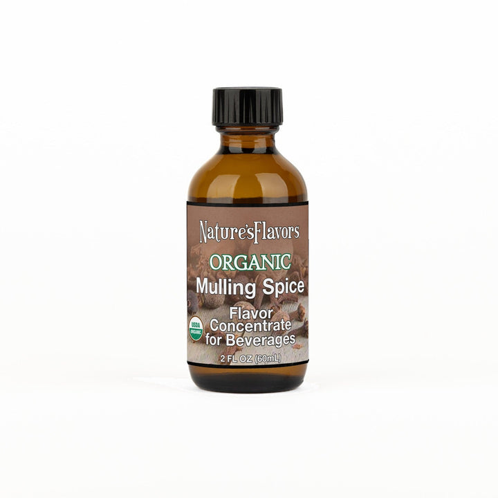 A 2 fl oz amber glass bottle of Nature's Flavors Mulling Spice Flavor Concentrate for Beverages, Organic with a black cap, centered on a white background.