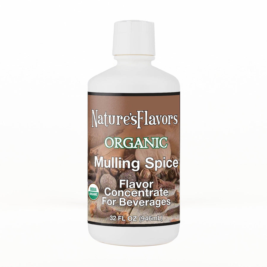 A 32 fl oz white plastic bottle of Nature's Flavors Mulling Spice Flavor Concentrate for Beverages, Organic with a white cap, centered on a white background.