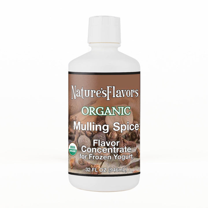 A 32 fl oz white plastic bottle of Nature's Flavors Organic Mulling Spice Flavor Concentrate For Frozen Yogurt with a white cap, centered on a white background.