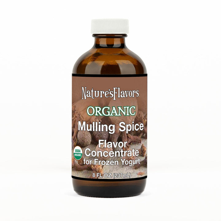 An 8 fl oz amber glass bottle of Nature's Flavors Organic Mulling Spice Flavor Concentrate For Frozen Yogurt with a white cap, centered on a white background.