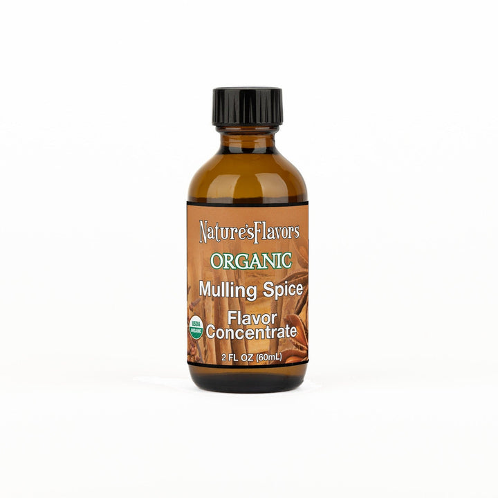 A 2 fl oz amber glass bottle of Nature's Flavors Mulling Spice Flavor Concentrate, Organic with a black cap, centered on a white background.