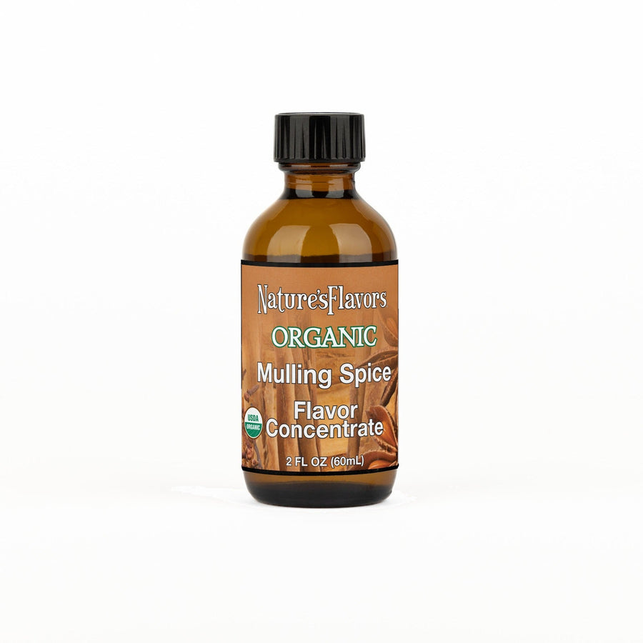A 2 fl oz amber glass bottle of Nature's Flavors Mulling Spice Flavor Concentrate, Organic with a black cap, centered on a white background.
