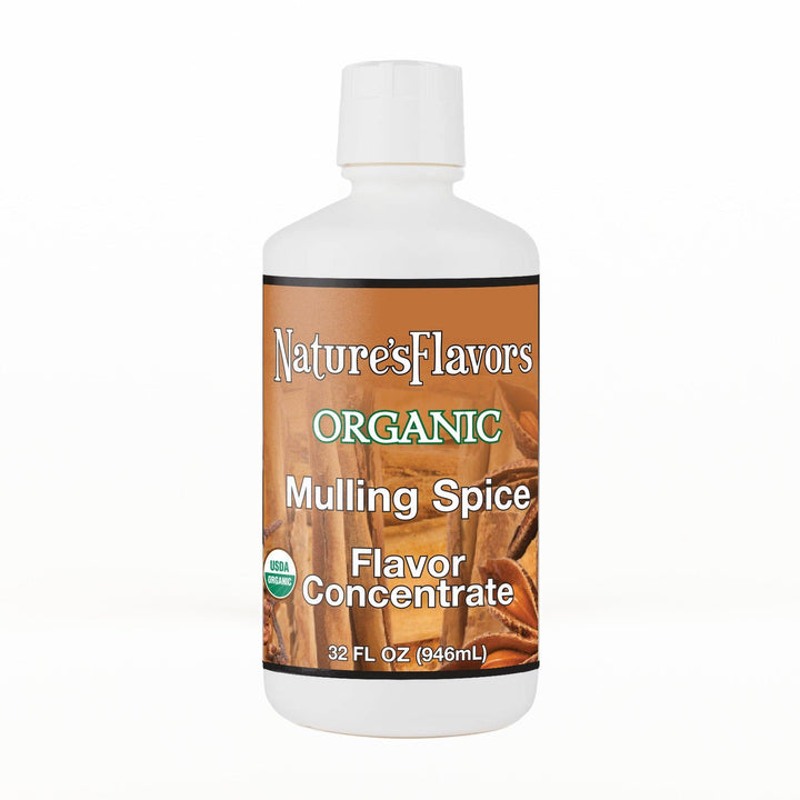 A 32 fl oz white plastic bottle of Nature's Flavors Mulling Spice Flavor Concentrate, Organic with a white cap, centered on a white background.