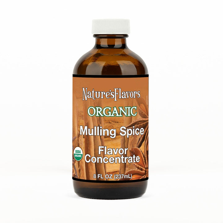 An 8 fl oz amber glass bottle of Nature's Flavors Mulling Spice Flavor Concentrate, Organic with a white cap, centered on a white background.