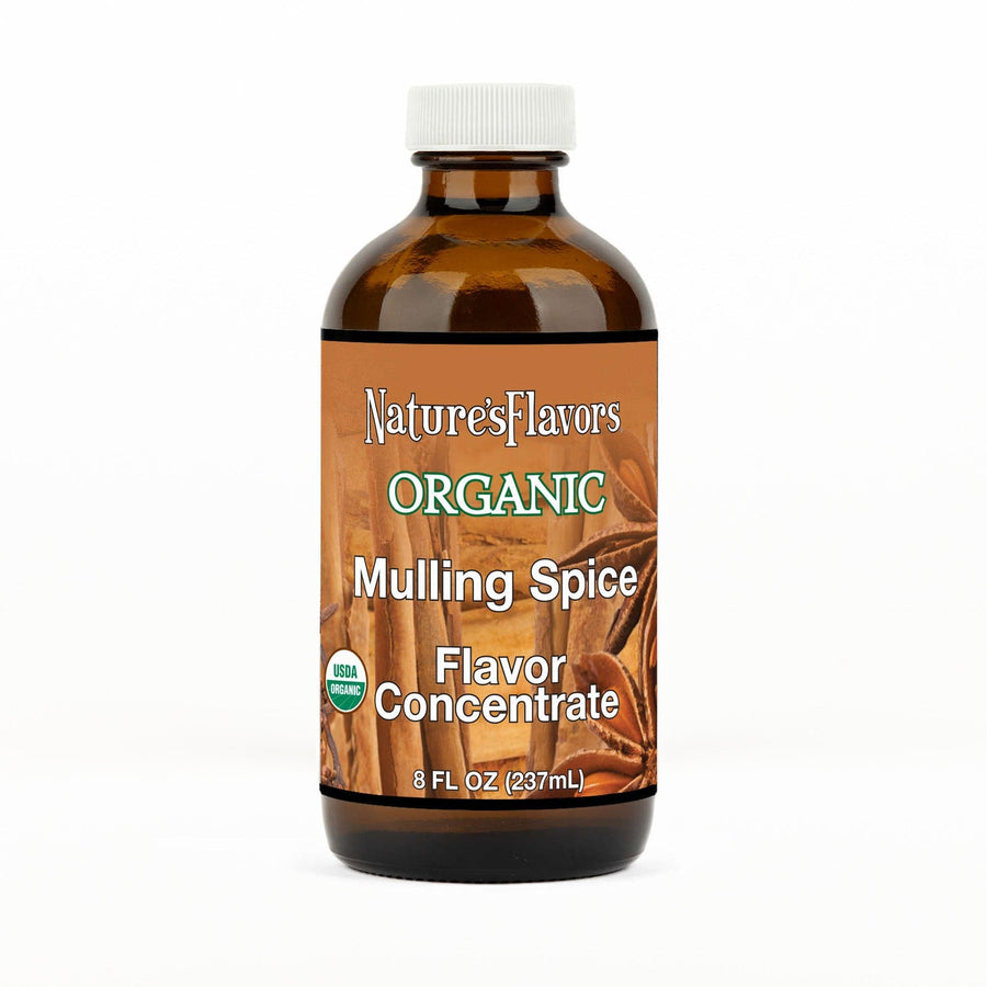 An 8 fl oz amber glass bottle of Nature's Flavors Mulling Spice Flavor Concentrate, Organic with a white cap, centered on a white background.