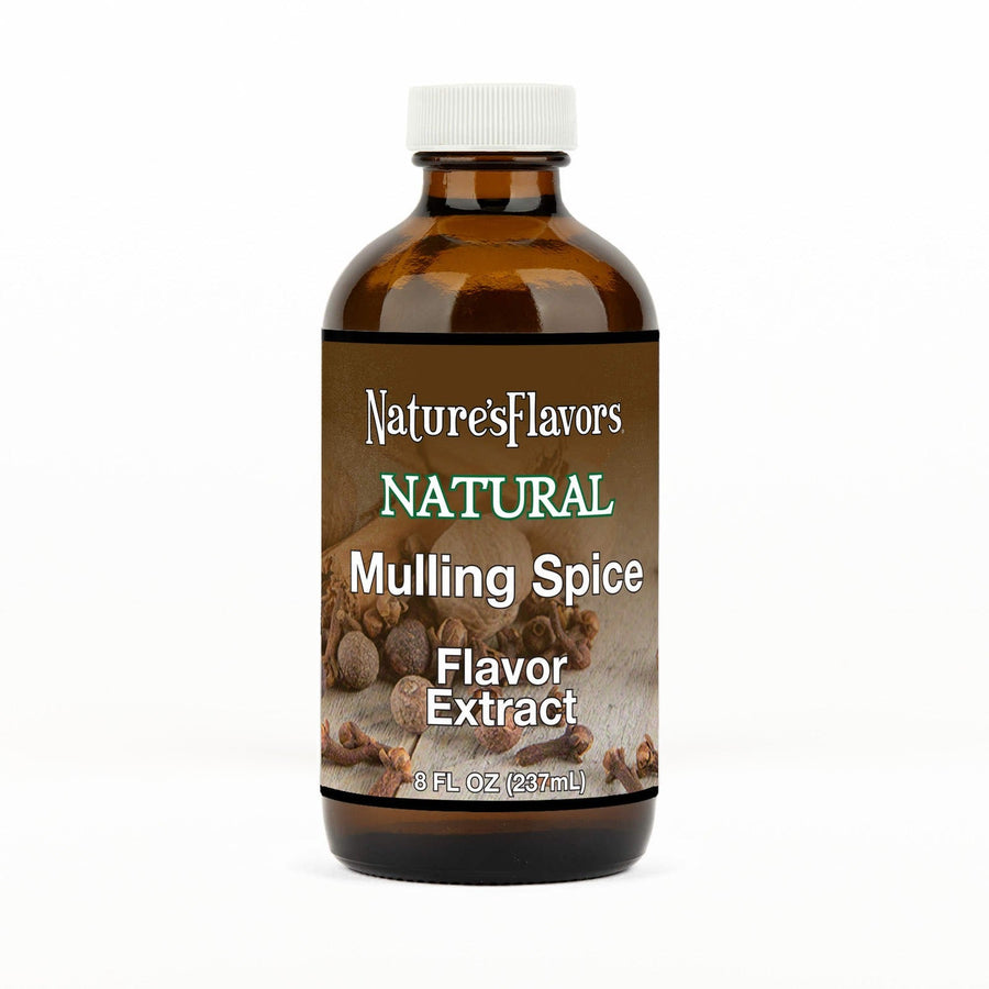 An 8 fl oz amber glass bottle of Nature's Flavors Mulling Spice Flavor Extract, Natural with a white cap, centered on a white background.