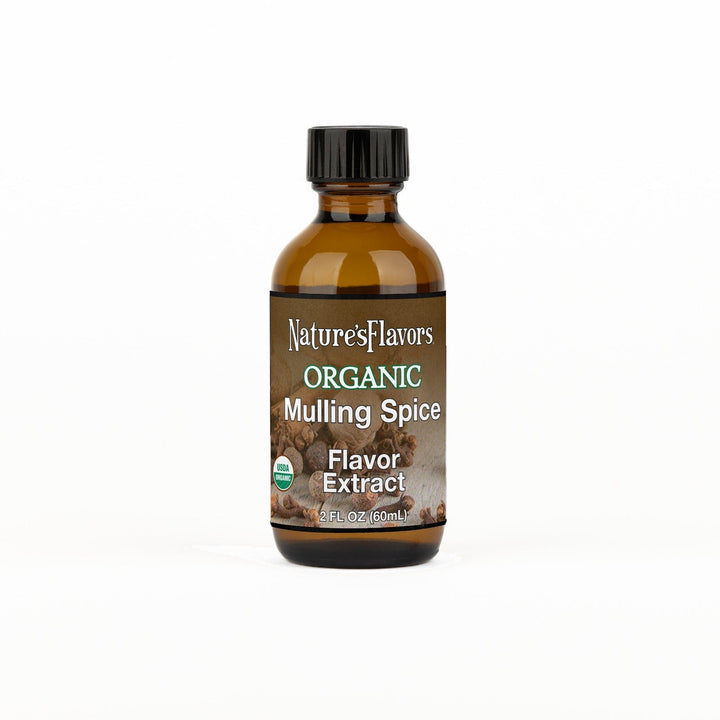 A 2 fl oz amber glass bottle of Nature's Flavors Mulling Spice Flavor Extract, Organic with a black cap, centered on a white background.