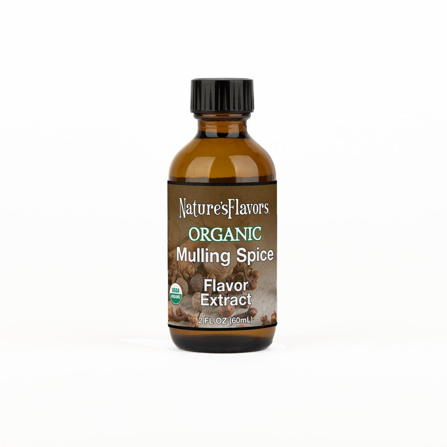 A 2 fl oz amber glass bottle of Nature's Flavors Mulling Spice Flavor Extract, Organic with a black cap, centered on a white background.