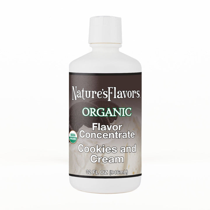 A 32 fl oz white plastic bottle of Nature's Flavors Organic Flavor Concentrate, Cookies and Cream with a white cap, centered on a white background.