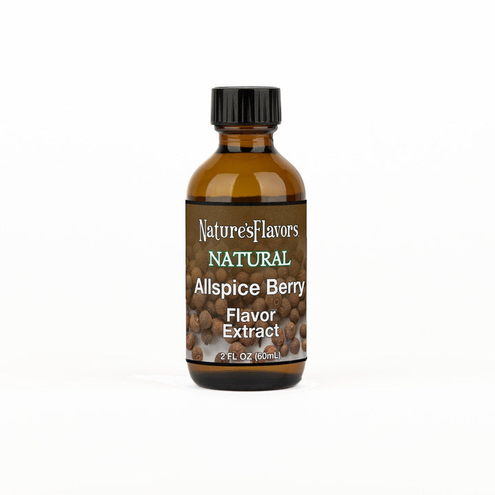 A 2 fl oz amber glass bottle of Nature's Flavors Allspice Berry Flavor Extract, Natural with a black cap, centered on a white background.