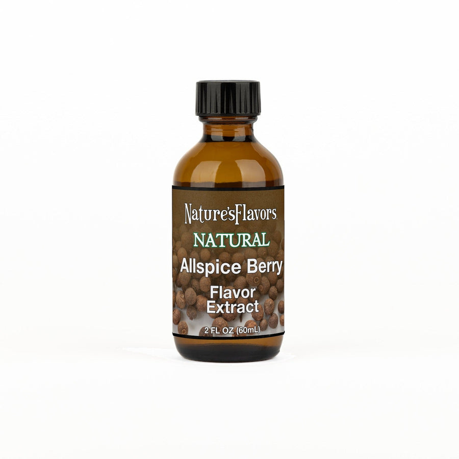 A 2 fl oz amber glass bottle of Nature's Flavors Allspice Berry Flavor Extract, Natural with a black cap, centered on a white background.