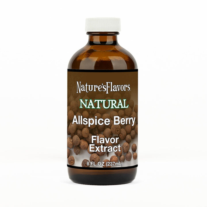 An 8 fl oz amber glass bottle of Nature's Flavors Allspice Berry Flavor Extract, Natural with a white cap, centered on a white background.