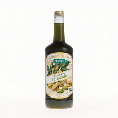 A bottle of Nature's Flavors Organic Gourmet Syrup Pistachio on a clean white background.