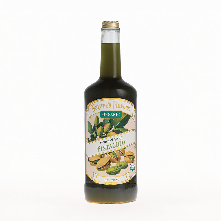 A bottle of Nature's Flavors Organic Gourmet Syrup Pistachio on a clean white background.