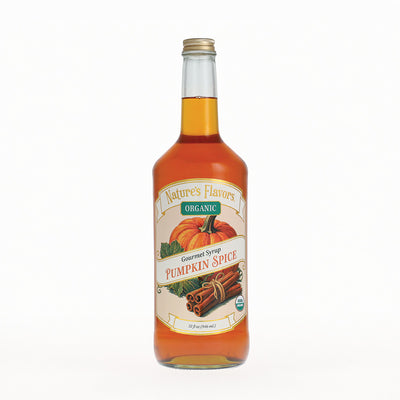 A bottle of Nature's Flavors Organic Gourmet Syrup Pumpkin Spice, filled with amber liquid, featuring a cream label with illustrations of a pumpkin and cinnamon sticks, on a white background.