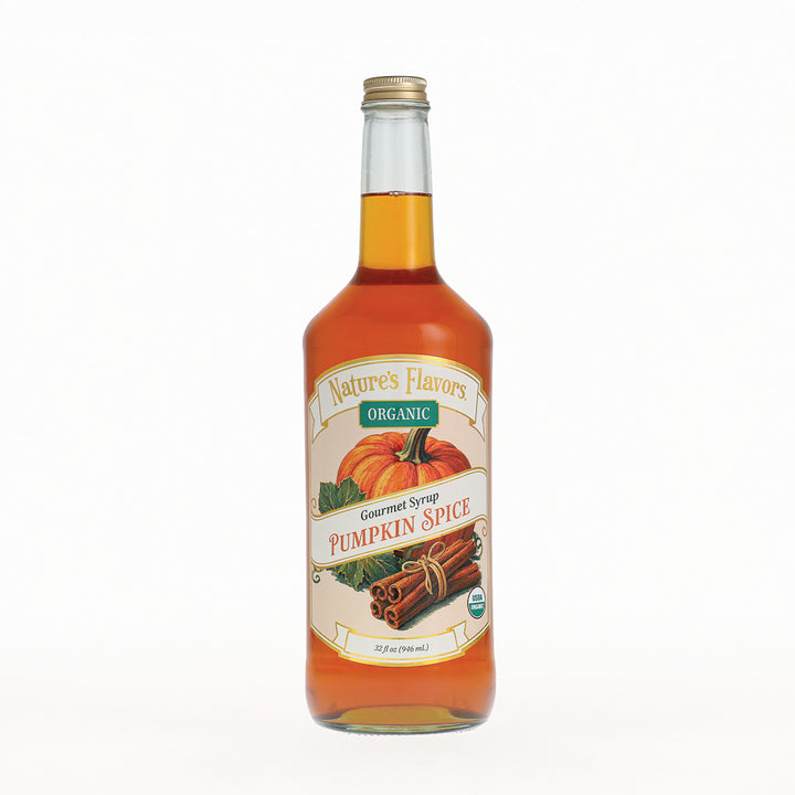 A bottle of Nature's Flavors Organic Gourmet Syrup Pumpkin Spice, filled with amber liquid, featuring a cream label with illustrations of a pumpkin and cinnamon sticks, on a white background.