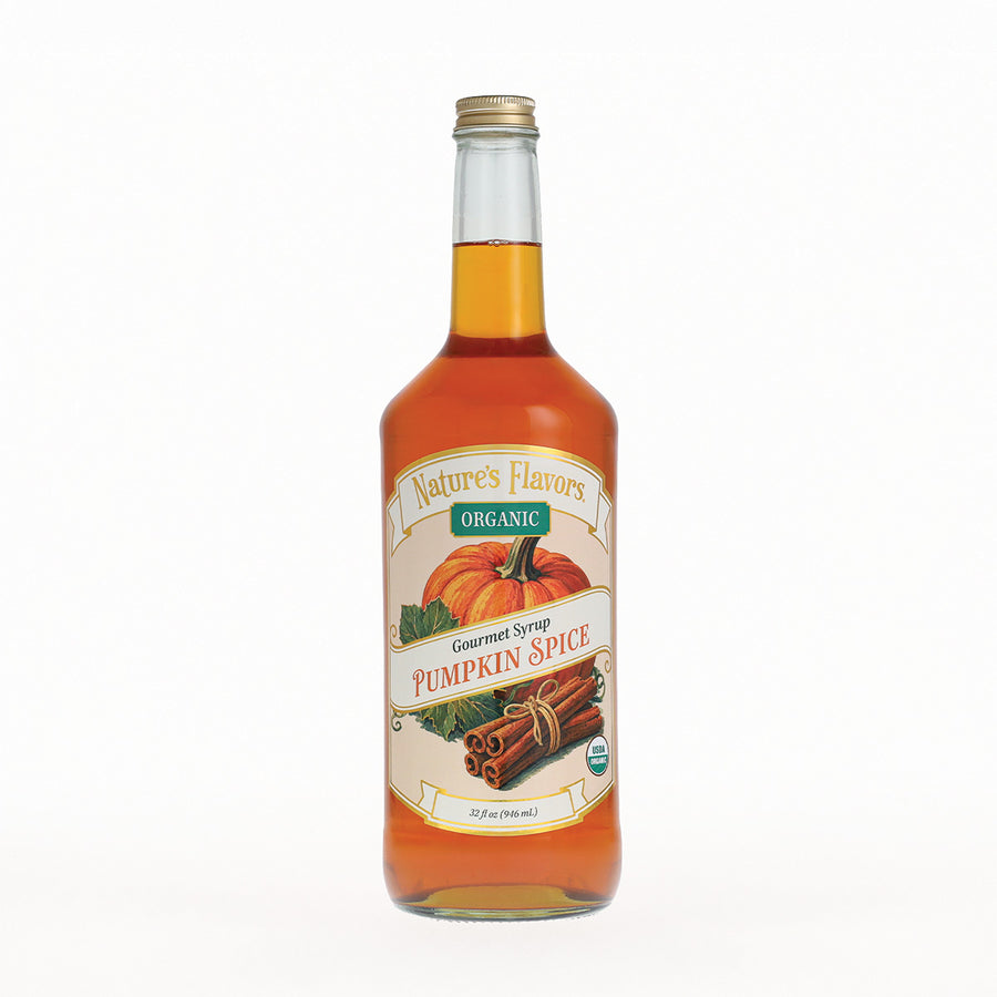 A bottle of Nature's Flavors Organic Gourmet Syrup Pumpkin Spice, filled with amber liquid, featuring a cream label with illustrations of a pumpkin and cinnamon sticks, on a white background.