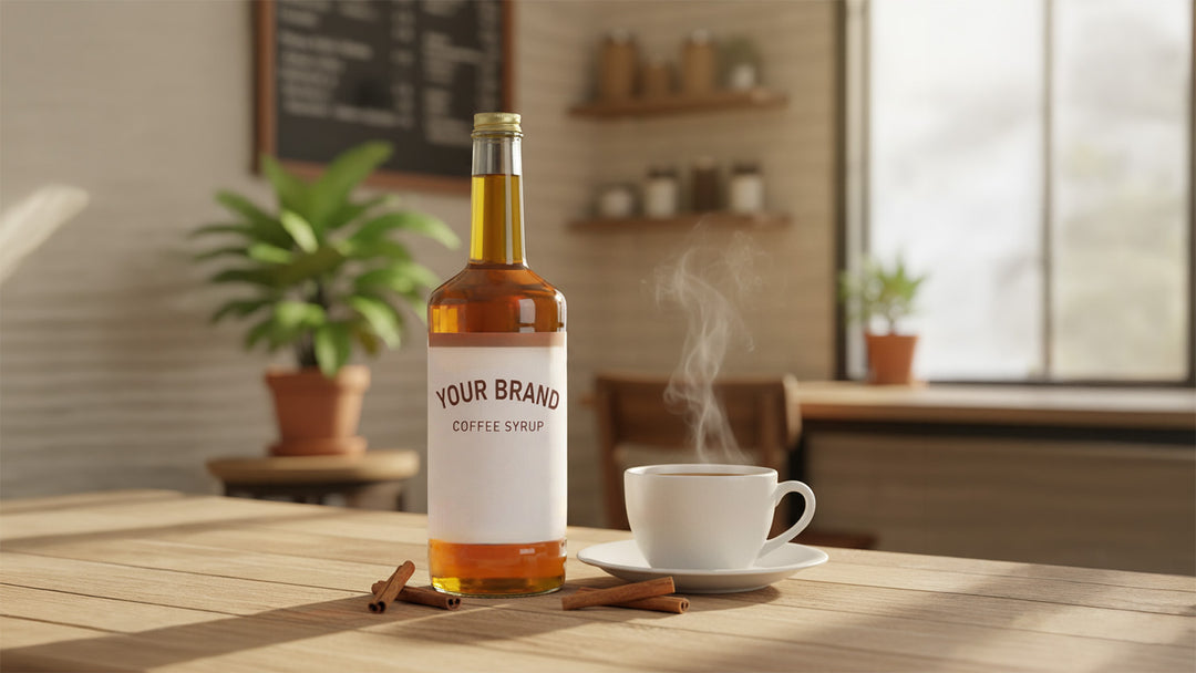 Bottle of coffee syrup on a table with a cup and cinnamon sticks, in a cozy indoor setting.