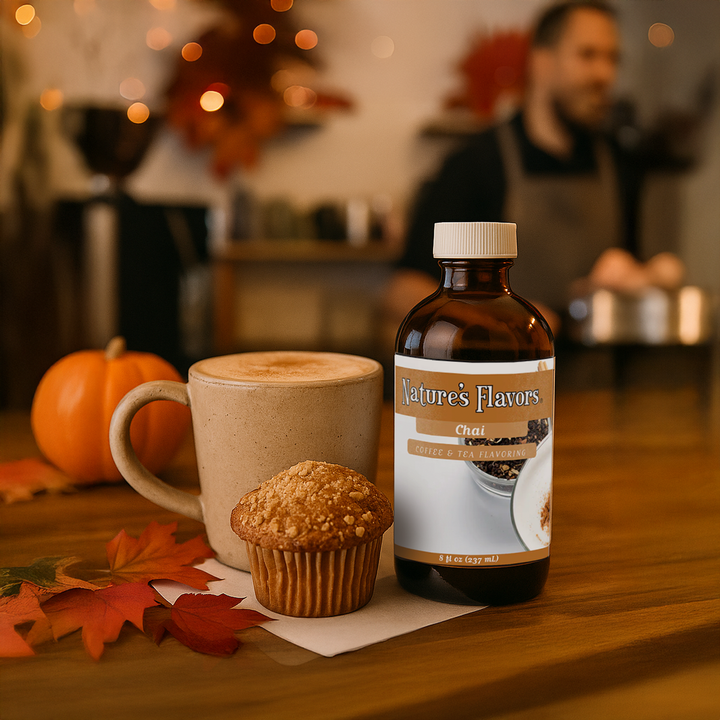 A chai latte with a muffin and a bottle of nature's flavors coffee and tea flavoring in a cozy coffee shop setting
