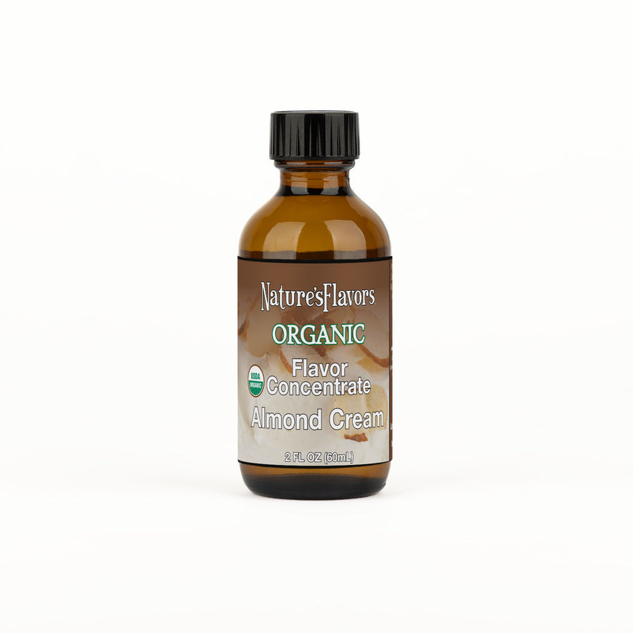 Bottle labeled, "Organic Flavor Concentrate Almond Cream"