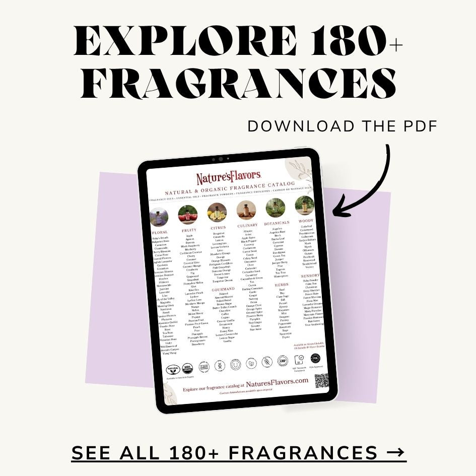 Digital tablet displaying a fragrance catalog with text encouraging downloading the PDF.