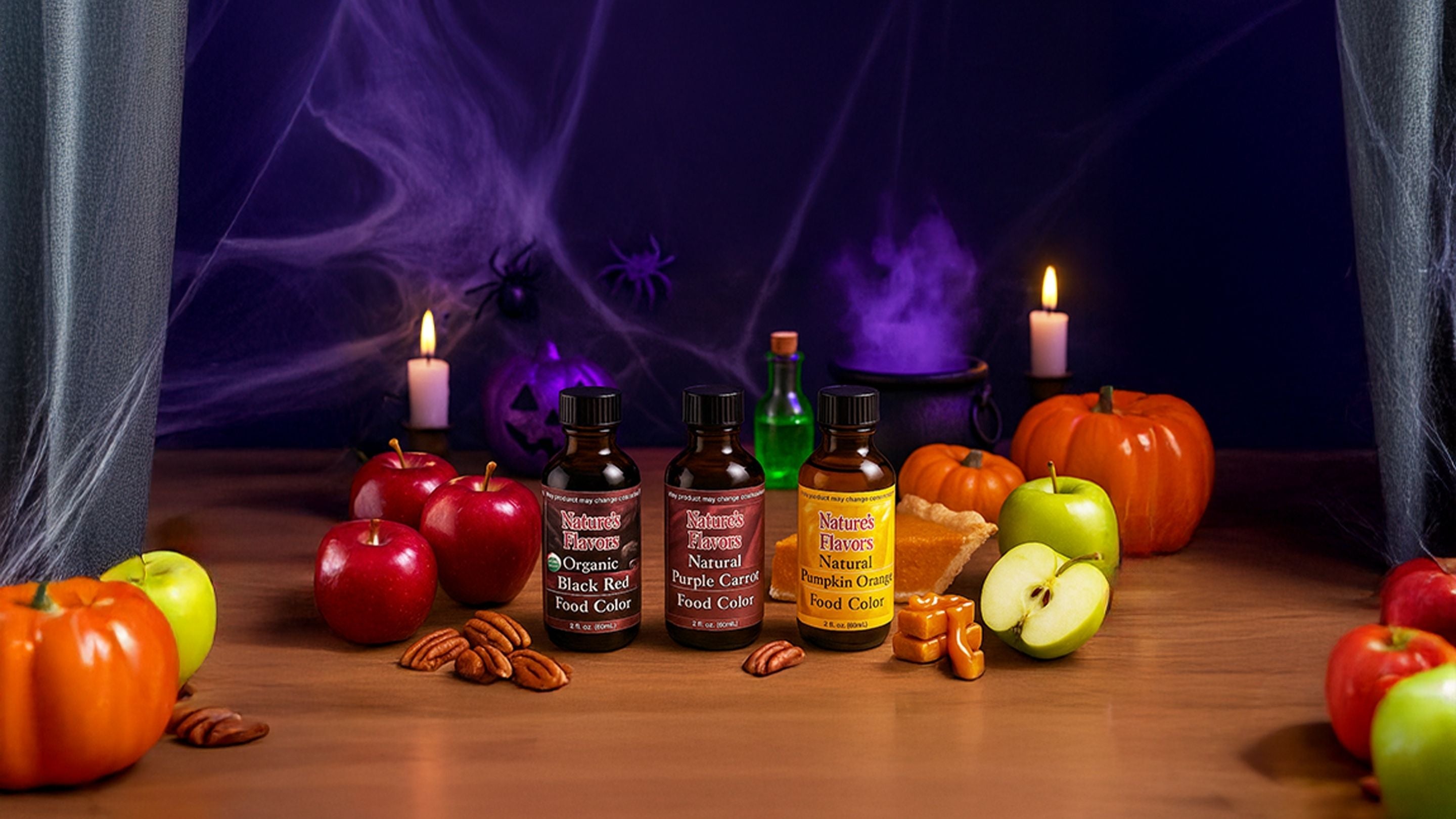 Spooky Halloween-themed setting with bottles, pumpkins, and apples on a wooden surface.