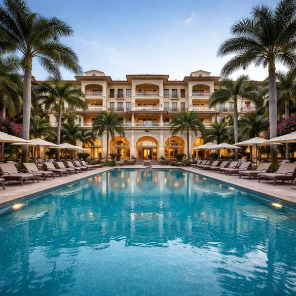 Luxurious hotel with a pool in front