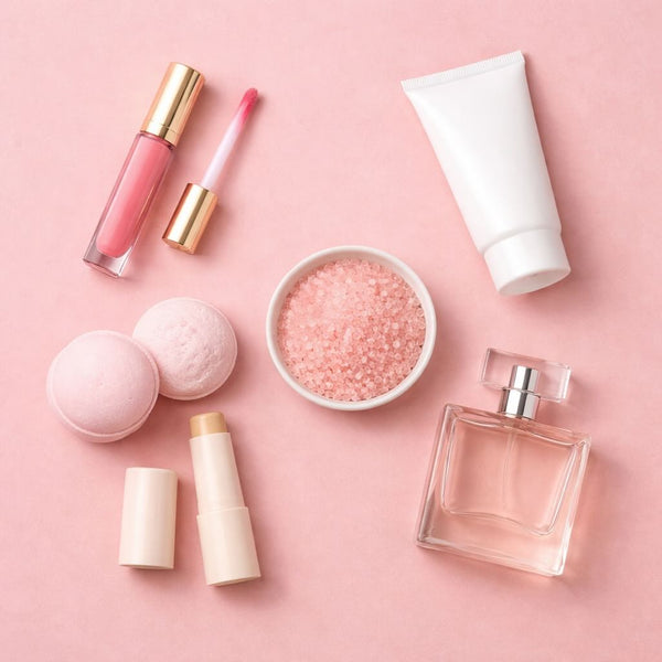Collection of beauty products including lip gloss, lip balm, perfume, and bath salts on a pink background