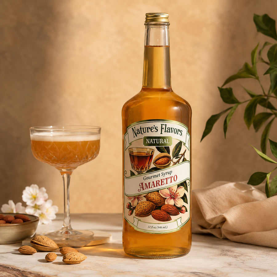 A bottle of Nature's Flavors Amaretto Gourmet Syrup stands on a marble surface beside a filled coupe glass, almonds, white flowers, and draped fabric, with a warm beige wall and green leaves in the background.