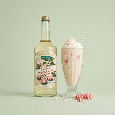 A bottle of Nature's Flavors Organic Peppermint Gourmet Syrup stands next to a tall glass of creamy peppermint milkshake topped with whipped cream and candy canes, on a pale green background.