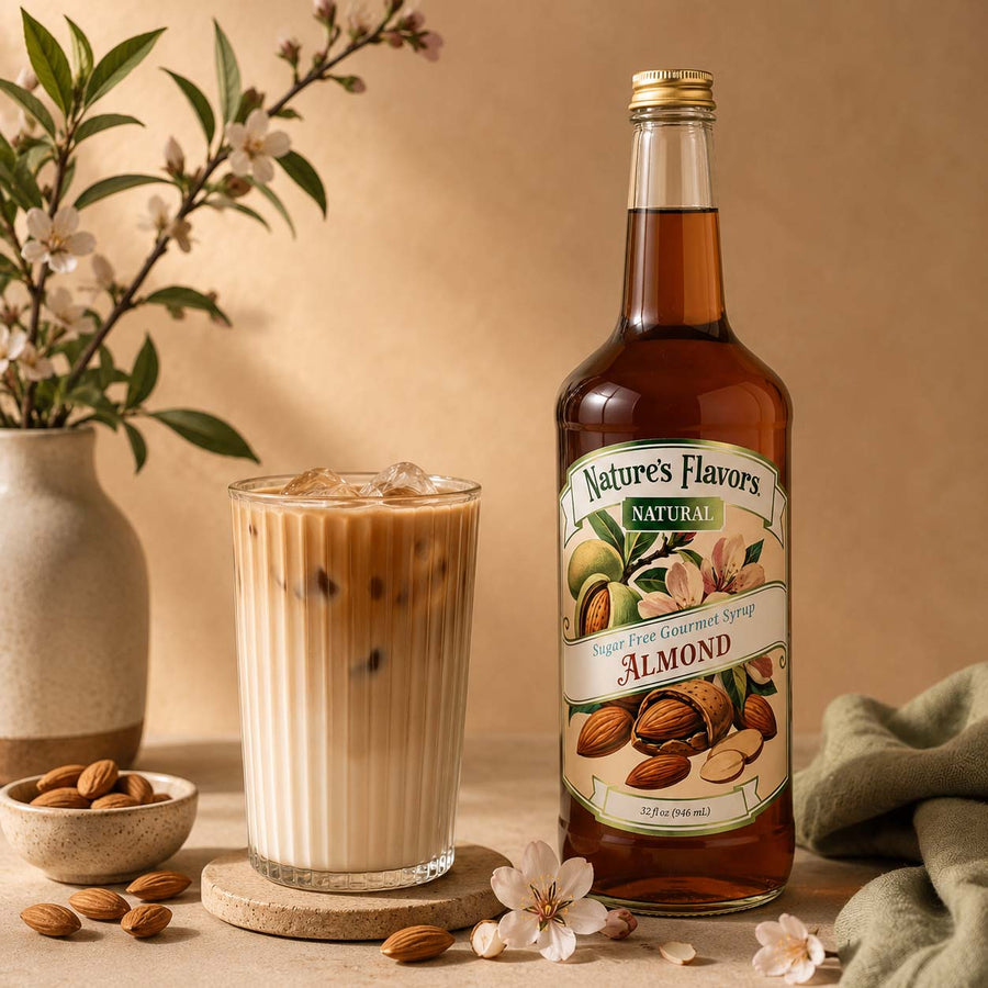 A bottle of Nature's Flavors Natural Almond Syrup stands next to a glass of iced almond coffee drink, styled with almonds, a vase of flowers, and a green cloth on a warm beige background.
