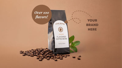Coffee bean bag with coffee beans on a brown background