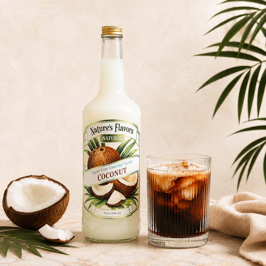 A bottle of Nature's Flavors Natural Coconut Flavoring syrup stands next to a coconut americano on a beige marble surface, styled with a halved coconut, green palm leaves, and a beige cloth.