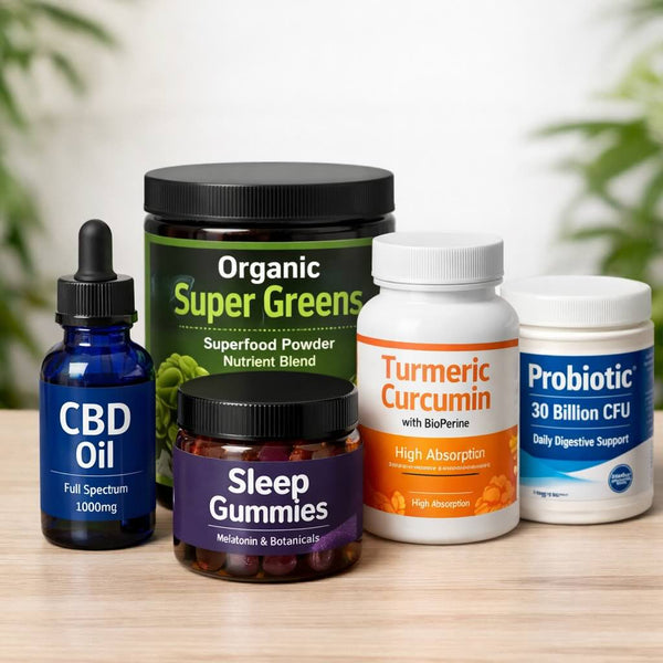 Collection of health and wellness products  on a wooden surface.