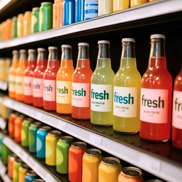 Fresh glass bottles of juice and soda on a grocery store shelf