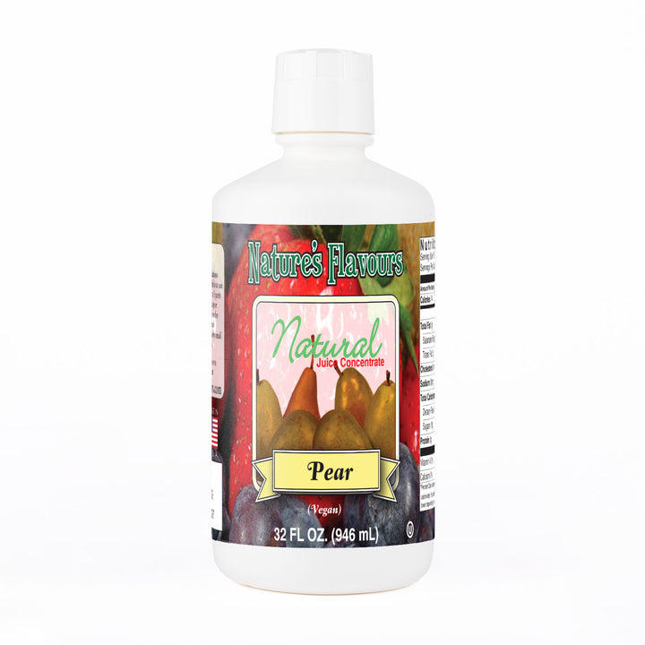 White Bottle Labeled, "Natural Juice Concentrate Pear"