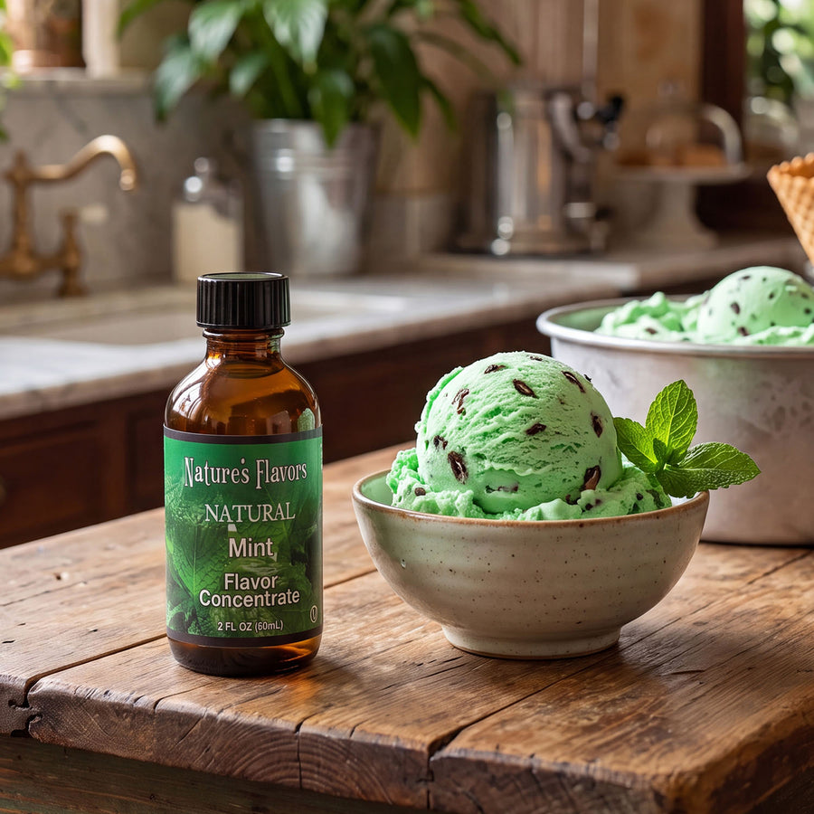 Bottle labeled, "Natural Mint Flavor Concentrate" Next to a scoop of green mint ice cream.