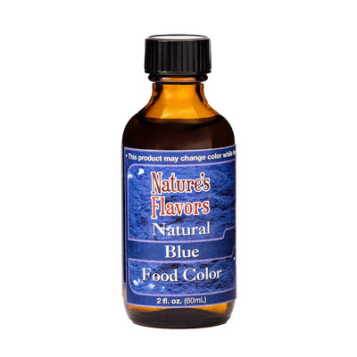 Brown bottle labeled “Natural Blue Food Color.”
