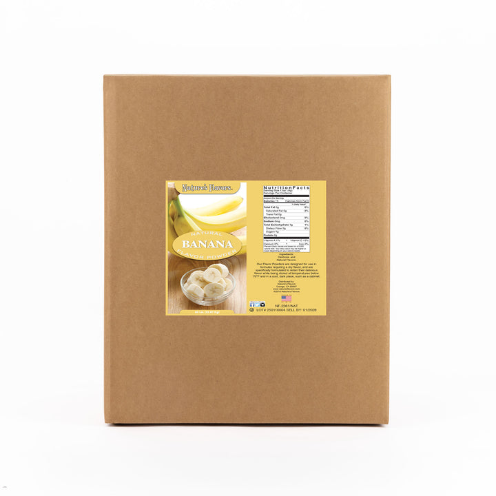 Cardboard box labeled “Natural Banana Flavor Powder"