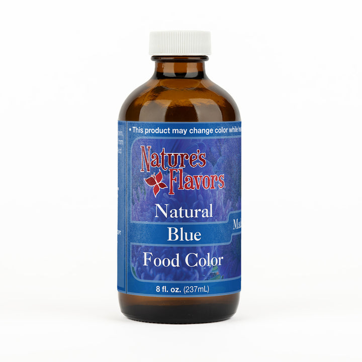 Brown bottle labeled “Natural Blue Food Color"
