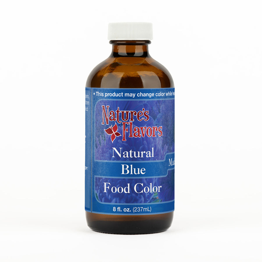 Brown bottle labeled “Natural Blue Food Color"