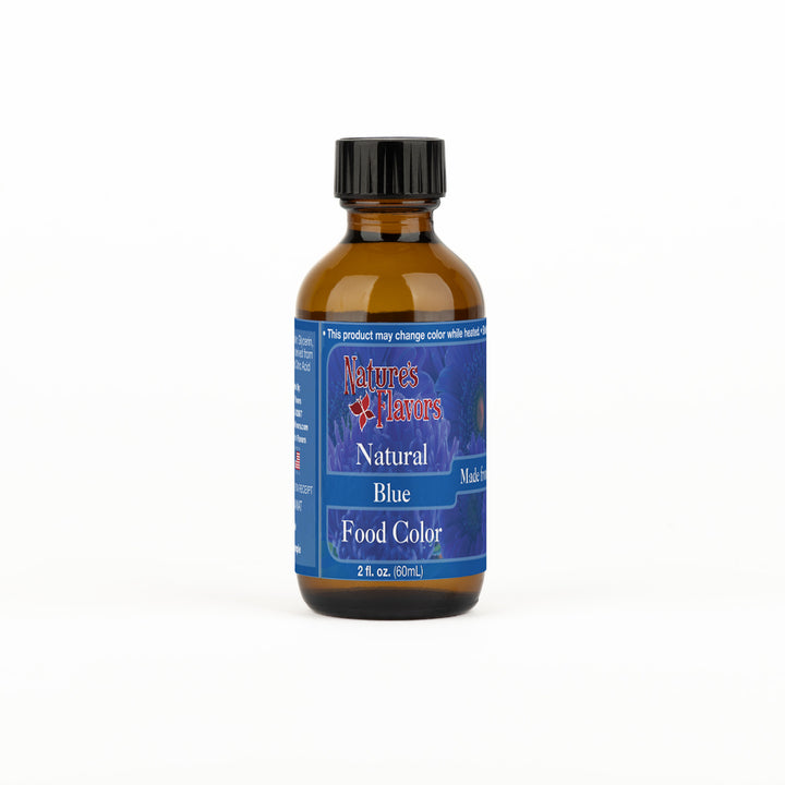 Brown bottle labeled “Natural Blue Food Color"
