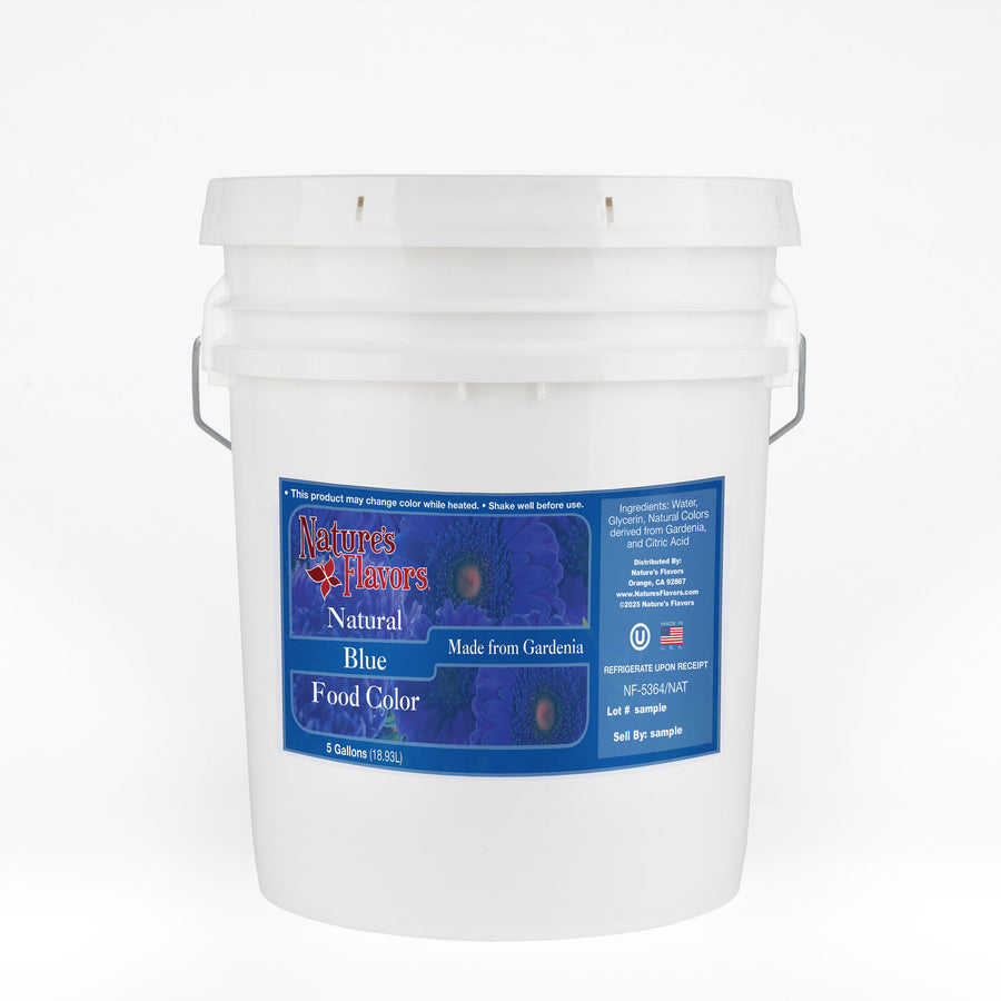 White bucket labeled “Natural Blue Food Color Made from Gardenia"